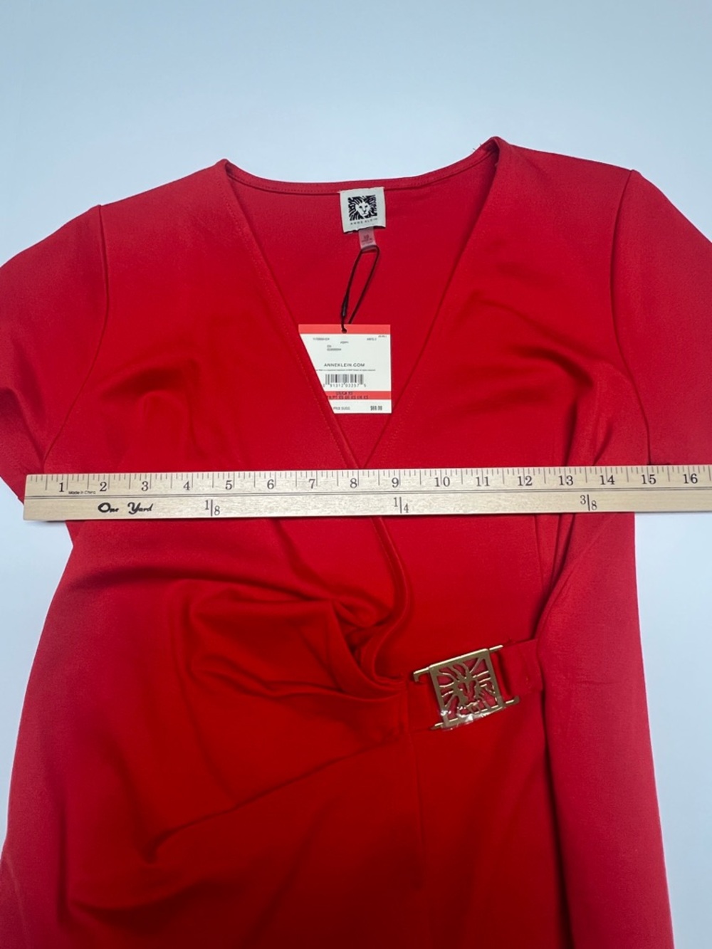ANNE KLEIN Red Wrap Top XS NWT Gold Buckle Stretch Knit Blouse Career Classic - Picture 8 of 10